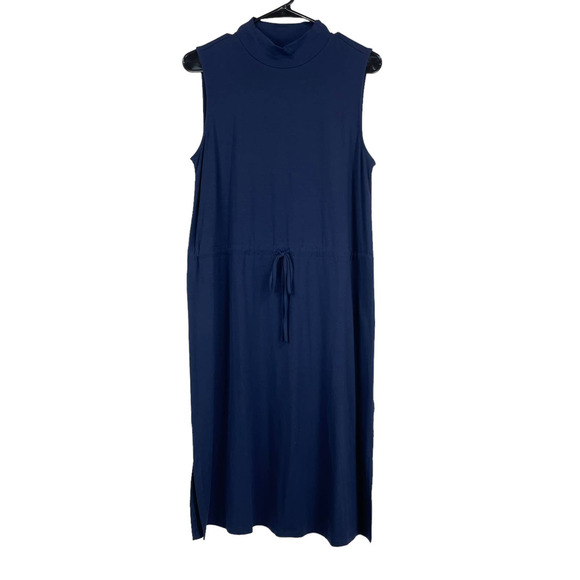 Eileen Fisher NWT Mock Neck Drawstring Tie Waist Dress Navy Size L Sleeveless - Picture 1 of 9